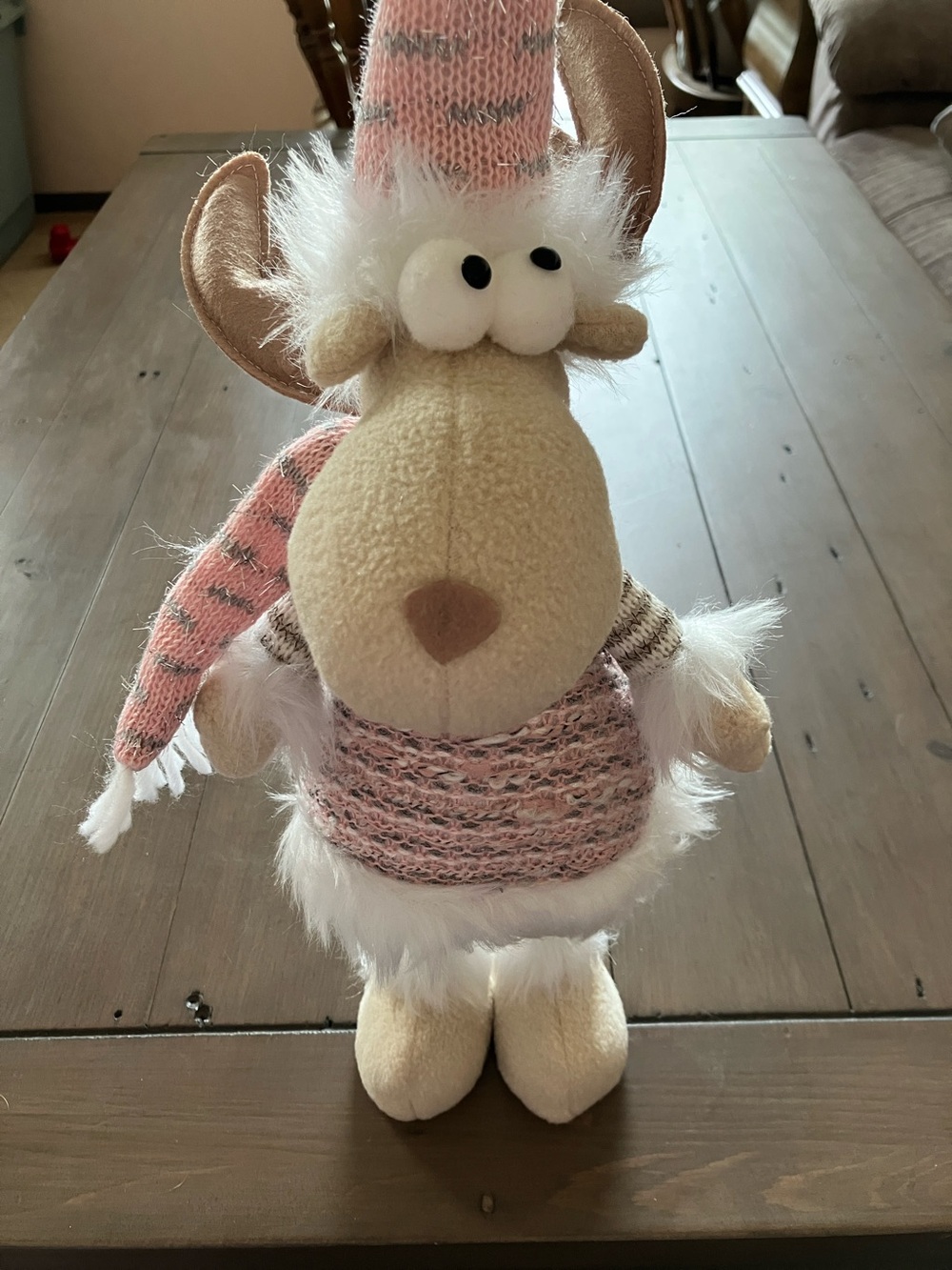 Plush Holiday Reindeer in Pink and Cream